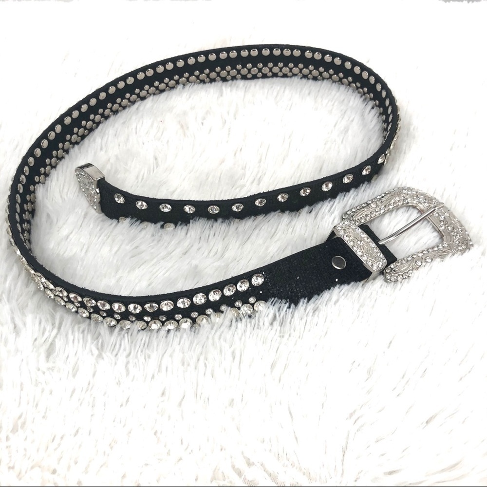 Black Leather & Rhinestone Belt - BLING - Picture 4 of 12